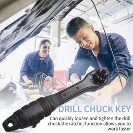 Drill Chuck Ratchet Spanner,10-13mm/0.39-0.51inch Double Head Drill Chuck Ratchet Wrench, Anti Slip Design Professional Black Multifunctional Iron Drill Wrench for Tightening Loosening