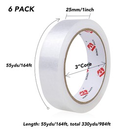 BOMEI PACK Cinta transparente, 1 pulgada x 164 pies, recargas de cinta transparente, cinta de papelería de rollo grande de 3 pulgadas, cinta de regalo fuerte para el hogar, oficina, 6 rollos para