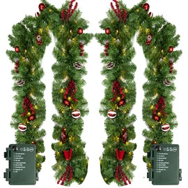 Nerosun 9FT Christmas Garland with 50LED Lights, 2 Pack Battery Operated Prelit Garland Christmas Decorations Timer 8 Mode, Artificial Outdoor Christmas Garland Greenery Pinecone for Indoor Decor