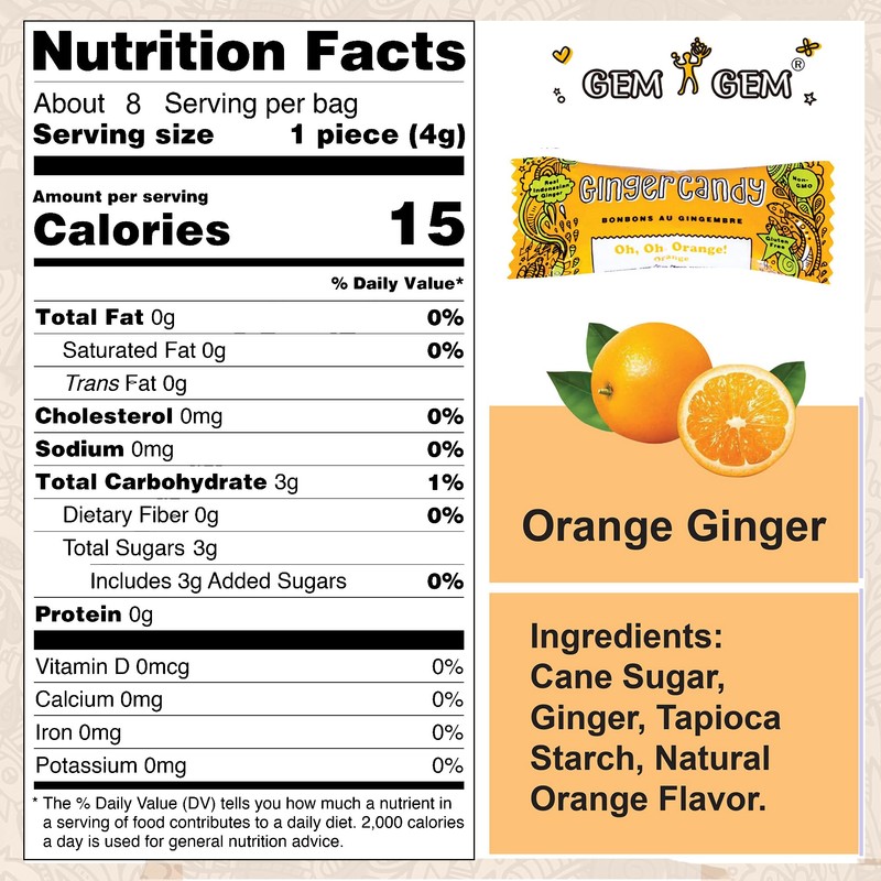 Gem Gem Ginger Candy Chewy Ginger Chews (Orange, 1.25 oz