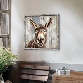 Farmhouse Framed Animal Wall Art: Funny Donkey Wooden Picture Painting Print Rustic Cute Living Room Bedroom Artwork Kitchen Home Nursery Decor 16” x 16”