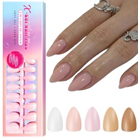 SXVME Soft Gel Nail Tips Short Almond Gel X Tips, 300Pcs Pre-applied Tip Primer Gel X Nail Tips, False Nails Press ons, 5 Natural Colors Press on Nails Short Almond Fake Nails for DIY Nail Art