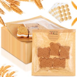 Outus 50 Pcs Cookie Packaging Bags with Seal, 5 x 6 Inch Bakery Pastry Bags with Window, Heat Sealable Grease Resistant Paper to Go Bake Sleeves for Gift Giving Donut Bread Sandwich (Brown)