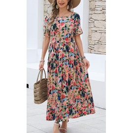 Kormei Women Casual Short Sleeve Loose Drawstring Bohemian Floral Dress Summer Beach Swing Long Maxi Dresses S Red/Blue