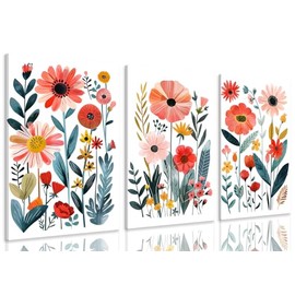 KISSFOX Framed Colorful Wildflower Canvas Wall Art Set Of 3 Flowers Pictures Prints Flowers Printing Floral Watercolors Flower wall Decor Living Room Girls Bedroom Bathroom