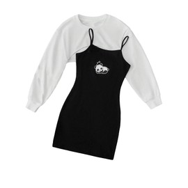 COZYEASE Girls' 2 Piece Outfits Drop Shoulder Long Sleeve Crop Top Pullover and Graphic Cami Bodycon Dress White 8Y