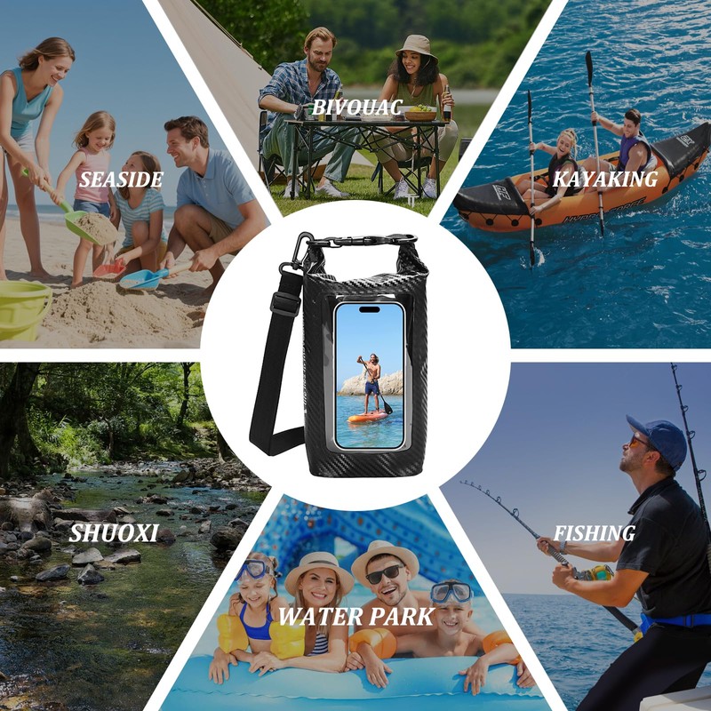FESSOSKO 2L Black Waterproof Pack Sack - Adjustable Shoulder Strap