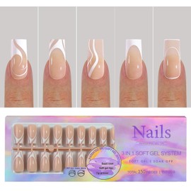 OFDNE French Tip Press on Nails Long Square 5 French Styles Light Nude Soft Gel Nail Tips 150Pcs Full Cover Natural Long Lasting Long Bright Nude French Fake Nails Extensions for Easy DIY Nail Art