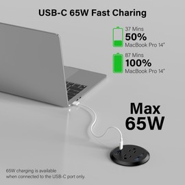 Jgstkcity Power Strip,Flush Mount Recessed Power Grommet,65W USB C Fast Charging,3-Inch Hole, 4 Outlets & 4 Ports, Ideal for Desktop & Countertop Outlet,Dual-Sided (Black, 6FT)