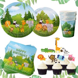 JeVenis 58 PCS Jungle Animals Party Supplies Jungle Party Plates Cups Napkins Jungle Birthday Party Supplies Jungle Party Favors Jungle Animals Cupcake Toppers