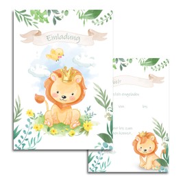 10 x Children's Birthday Party Invitation Cards with Lion Design for Girls and Boys 10 x 15 cm Party Birthday Christening Invitation Prince Jungle Animals Green Beige