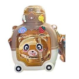 Cartoon Bear Baby Water Bottle with Straw, Portable Drinking Cup for Kids, 350mL (Almond)