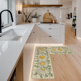 ARKENY Buffalo Plaid Eucalyptus Daisy Spring Kitchen Mats Set of 2, Summer Home Decor Low-Profile Kitchen Rugs for Floor - 17x29 and 17x47 Inch AKM034