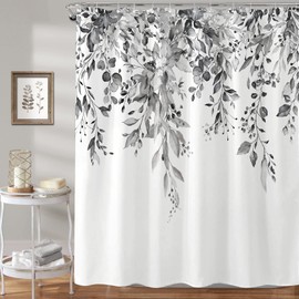kampdream Grey and White Eucalyptus Plant Shower Curtain, Watercolor Leaves On The Top Botanical Bathroom Curtain 72 ×72 Inch