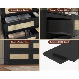 GarveeHome Rattan Dresser for Bedroom with 6 Drawers, 47" Modern Farmhouse Wide Chest of Drawers, Wood Storage Cabinet Organizer for Closet, Living Room, Hallway