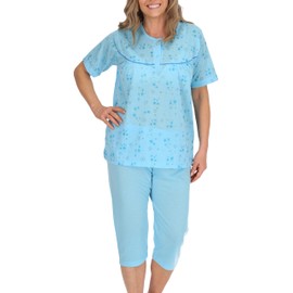 Schuerzenfabrik Women's Pyjamas, Short Sleeve Bottom, 3/4 Length, Cotton Blend, Machine Washable, Short Sleeve Knee-Length Pyjamas - Blue, XL