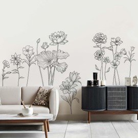 Black Flower Wall Stickers for Girls: Peel and Stick Wildflower Sunflower Rose Lotus Floral Garden Wall Decals - Bedroom Office Living Room Home Art Wall Decor