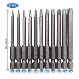 75mm Torx Screwdriver Bit Sets, T6-T40 Magnetic Screwdriver Bits Set S2 Steel 1/4" Star Hex Security Screwdrivers Drill Bits-11pcs