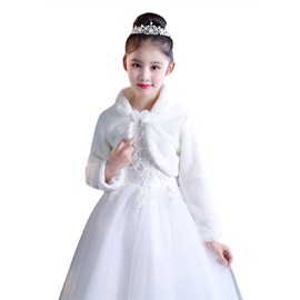 Ommda Girls' Bolero Jacket Faux Fur Long Sleeve Warm Flower Girl Wedding Jacket for Wedding Party, White
