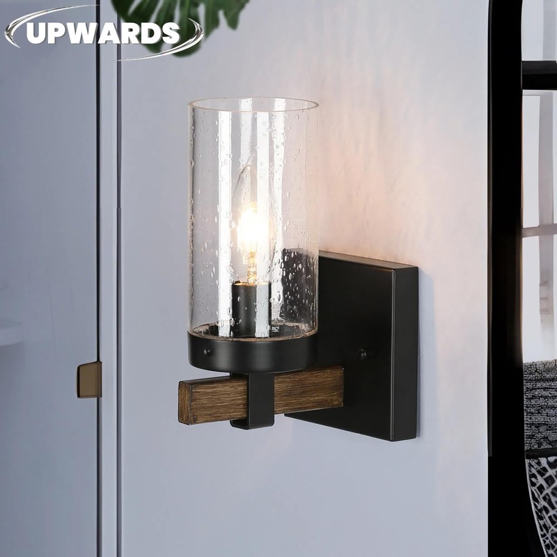 GEPOW Sconces Wall Lighting, 1-Light Black and Faux Wood Wall