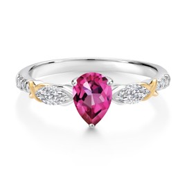Gem Stone King 925 Silver and 10K Yellow Gold Pure Pink Mystic Topaz and White Lab Grown Diamond Engagement Ring For Women | 1.11 Cttw | Pear Shape 7X5MM | Gemstone November Birthstone | Size 8