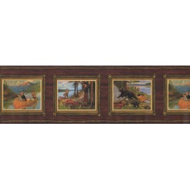 Hunt Hunters Paintings on Reddish Brown Wall Vintage Wallpaper Border Retro Design, Roll 15' x 7"