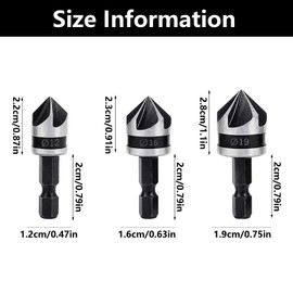 3 PCS 1/4 Inch Hex Shank, 5 Flute 90 Degree Countersink Drill Bit Set, Counter Sink Drill Bits for Wood, Countersink Bits, for Wood Plastic Aluminium Chamfering(12mm 16mm 19mm)