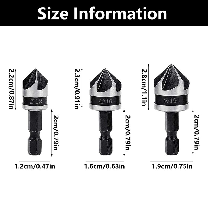 3 PCS 1/4 Inch Hex Shank, 5 Flute 90 Degree