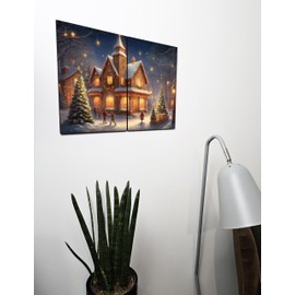 The Plum Penguin Twilight Winter Village Scene A4 Wooden MDF Wall Art Set - Festive Home Décor Canvas Alternative 40 x 30cm