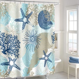 MAYZUS Long Shower Curtain 72 x 78 Inch, Tall Beach Ocean Themed Fabric Shower Curtains for Bathroom, Summer Tropical Seashell Starfish Coral Nautical Coastal Shower Curtain, Teal Blue