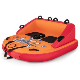 GYMAX Towable Tube for Boating, 2/3 Riders Inflatable Boat Tube for Water Sports to Pull, Boat Tubes with EVA Seat Pads, Dual Tow Points, Full 900D Nylon Cover & Drainage System (Orange, 2 Riders)