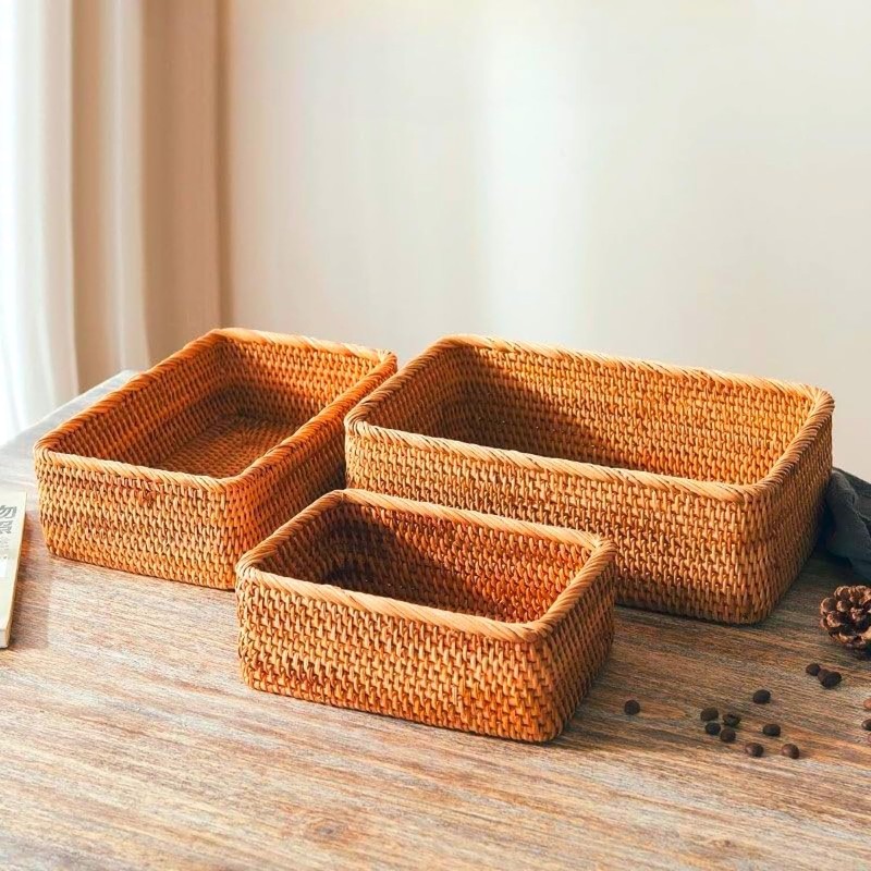Natural Rattan Storage Baskets Set of 3 - Handwoven Wicker