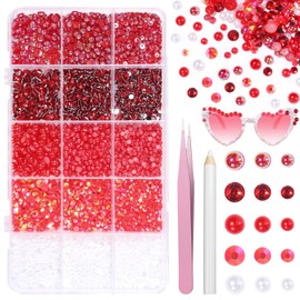 12000 Pcs Red White Flatback Pearls and Rhinestones for Crafting, 3-5 mm Jelly Resin Rhinestones, Mixed Size Half Pearl Bedazzling Gems for Nail DIY Crafts Mugs Bottles Tumblers Clothes Makeup