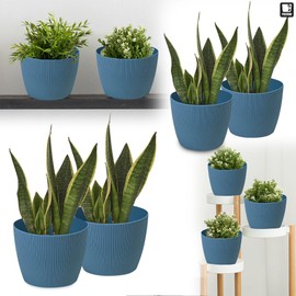 PECZEKO Matte Flower Pot, Plastic Planter, Decorative Pot for Large Plants, 2 x Flower Pot Set, Flower Pot Herb Pot, (2 Pack) Blue, Diameter 26 cm