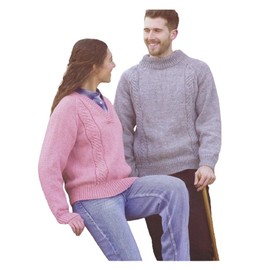 James Brett Aran Knitting Pattern Ladies V Neck & Mens Funnel Neck Sweater (JB854)