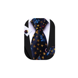 Barry.Wang Christmas Ties Festive Navy Necktie Xmas Funny Pattern Silk Pocket Square Cufflinks Holiday