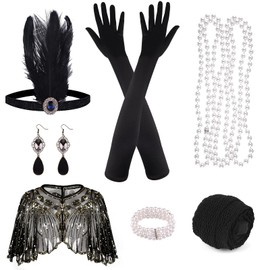 ELECLAND 10 Pieces 1920s Flapper Accessories Set Fashion Roaring 20's Theme Set with Headband Headpiece Long Black Gloves Necklace Earrings for Women(Apricot Gold)