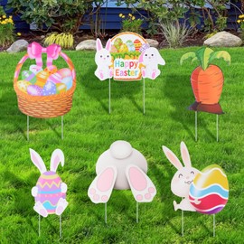 Pack of 6 Easter Garden Stakes, Garden Decoration, Easter Bunny, Colourful Eggs, Carrot, Easter Stake, Happy Easter Decoration, Stand for Outdoors, Indoor