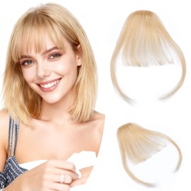 Hairro Clip In Human Hair Bangs - Remy Hair Extensions, Thin Wispy Front Fringe Hairpiece, Blonde Side Air Bangs With Temple, Flat Clip Top Hairpiece for Women 5g #613 Blonde