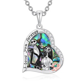 LILALO Nightmare Necklace Gifts Sterling Silver Heart Abalone Jack and Sally Necklaces I Love You Forever Skull Jewelry Birthday Christmas Gift for Women Wife Girlfriend Daughter