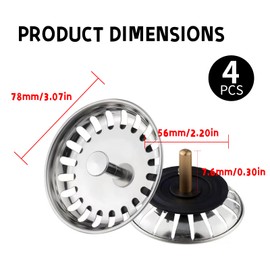 Stainless Steel Sink Strainer Plug Set, 4-Pack Kitchen Sink Waste Plug Drain Stopper Basket Filter, Rust-Proof and Durable Sink Strainers for Kitchens and Bathrooms (78mm)