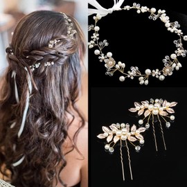 Extra Long Pearl Crystal Bridal Flower Head Beads, Bridal Hair Vine Wedding Head Piece Headband Hair Accessories For Bride and Bridesmaid