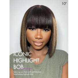 LUVME HAIR 12 Inch Blonde Highlight Bob Human Hair Wig with Bangs Glueless HD Lace Bang Wig True Scalp Ready to Go Silky Straight Highlight Human Hair Short Wig with Bangs (Breathable Cap)