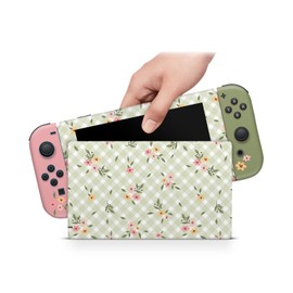 ZOOMHITSKINS Compatible with Switch Skin Cover, Spring Flavor Green White Floral Leaf Gingham Cute, Vinyl Decal Sticker Wrap, Made in The USA