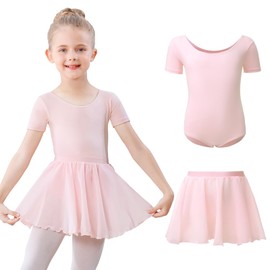 Kefiyis Ballet Leotard for Girls Short Sleeved Ballet Dress Cotton Kids Ballet Outfit with Removable Chiffon Skirt Ballerina Dress for 3-11 Years Pink 120