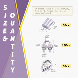 Swpeet 24Pcs M4 (3/16") Wire Rope Accessory Set, Included M4 Wire Rope Cable Clip Clamp, M4 Stainless Steel Thimble, 4mm Aluminum Crimping Loop Sleeve Perfect for 1/8 inch Wire Rope Cable