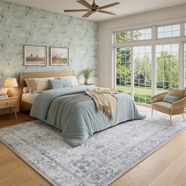 Dadasgk Gray 8x10 Washable Area Rug, Large Vintage Living Room Rug, Distressed Non Slip Carpet Traditional Indoor Bedroom Grey Retro Floral Accent Throw Rug for Office Kitchen Dining Room