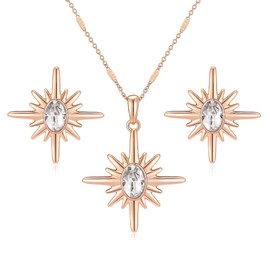 EVEVIC Dainty Austrian Crystals Star Pendant Necklace Earrings for Women 14K Gold Plated Stud Earrings Hypoallergenic Jewelry Set, Medium, Metal Crystal Rose Gold, Crystal Cubic Zirconia