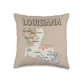 Physical Map of Louisiana major cities, lakes, rivers, USA Throw Pillow