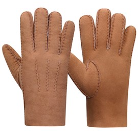 Harssidanzar Leather Mens Glove,Suede Lambskin Shearling Fur Cuff Thick Wool Lined Heated Warm for Winter Cold Weather Dress Driving Gloves KM043UK,Cammel,Size L